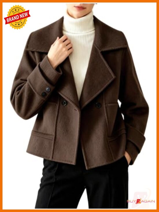 Jackets & Blazers - Cropped Wool Blend Pea Coat Notched Lapel Button Pockets Slim Fit